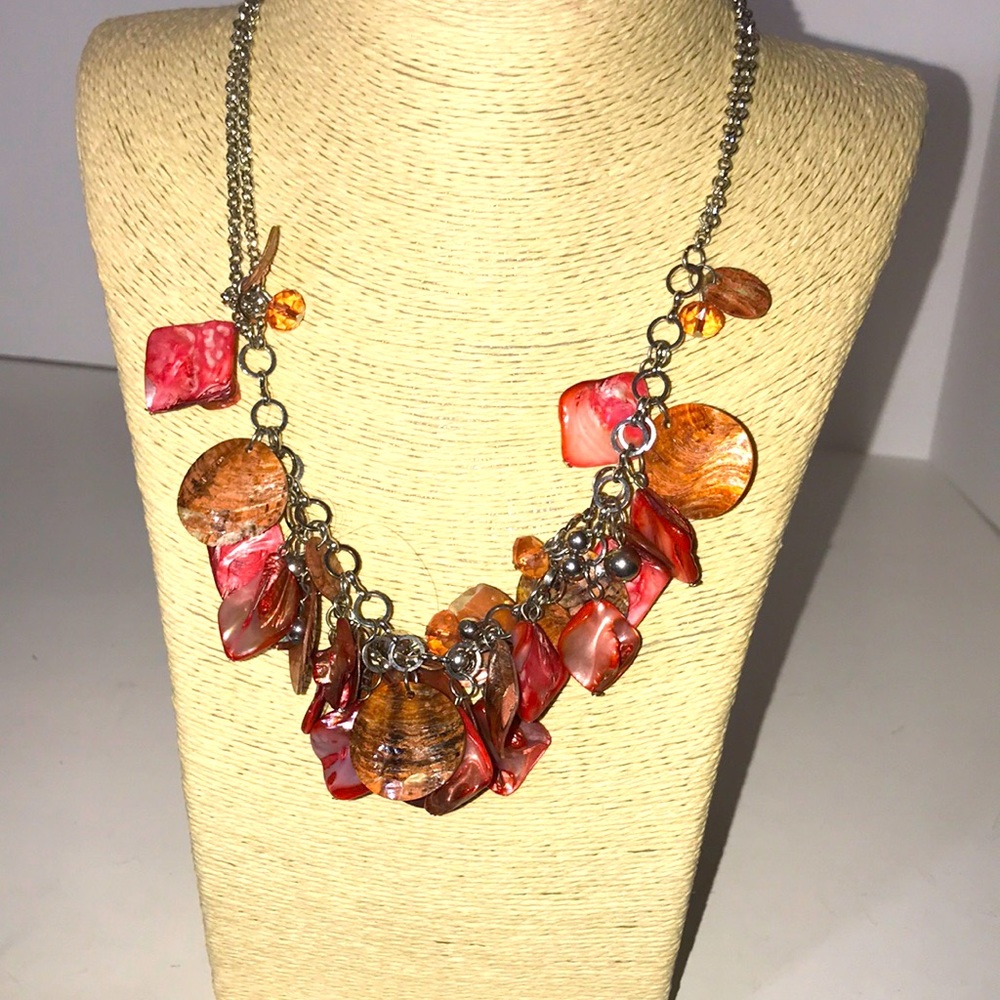 Shell necklace orange pink statement bib style summer beach festival